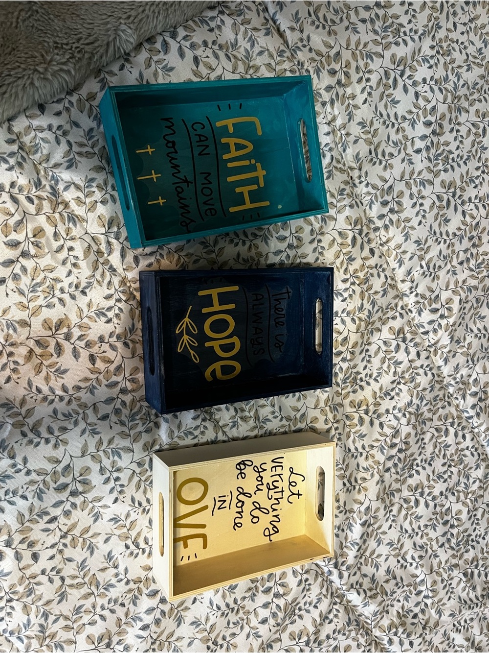 Set of 3 Inspirational Wood Trays - Teal, Navy, Cream